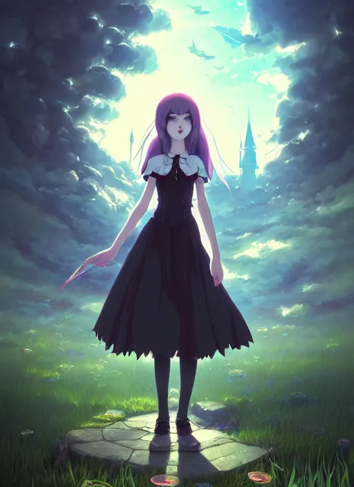 Image similar to portrait of gothic alice from wonderland, cloudy sky background lush landscape illustration concept art anime key visual trending pixiv fanbox by wlop and greg rutkowski and makoto shinkai and studio ghibli
