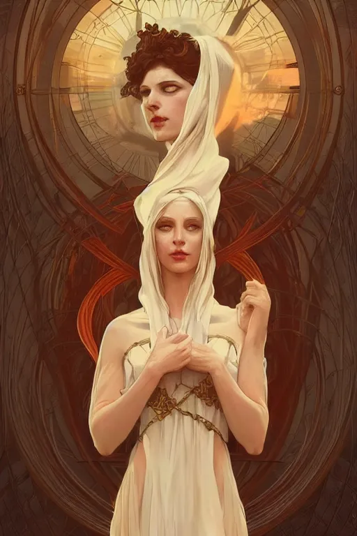 Image similar to high priestess, no noise, elegant, concept art, sharp focus, beautiful face!!, digital art, smooth defined outlines!!, human anatomy, human structure, vector background, by Brom, trending on Artstation, Alphonse Mucha, Tom Bagshaw, Sargent