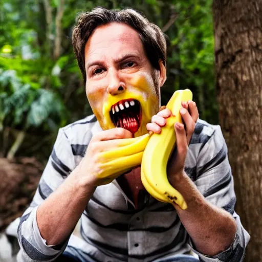 Prompt: photo of a horror villain eating a banana, he is sad that his dark clothes are covered in banana peels.