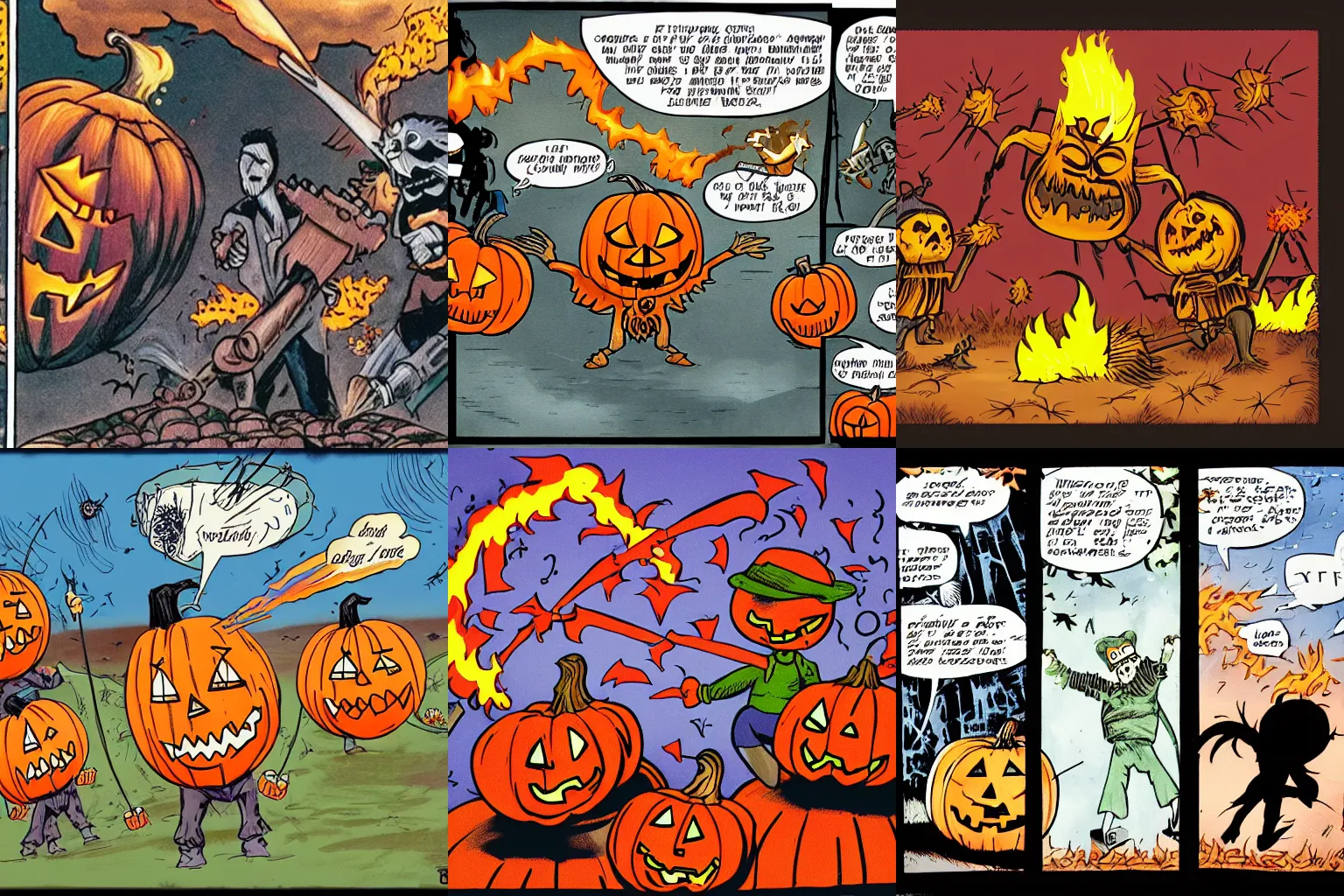 Prompt: Pumpkins holding flamethrowers fighting Scarecrows, comic panel