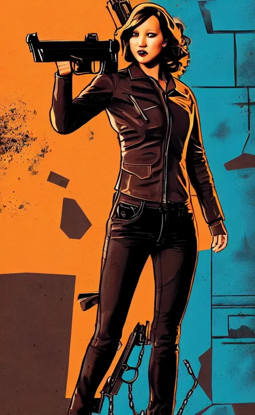 Prompt: Rafael Albuquerque comic cover art, Jennifer Lawrence with guns, smile, direct gaze, brown leather jacket, jeans, full body, building on fire, cool colors, detailed, 4k