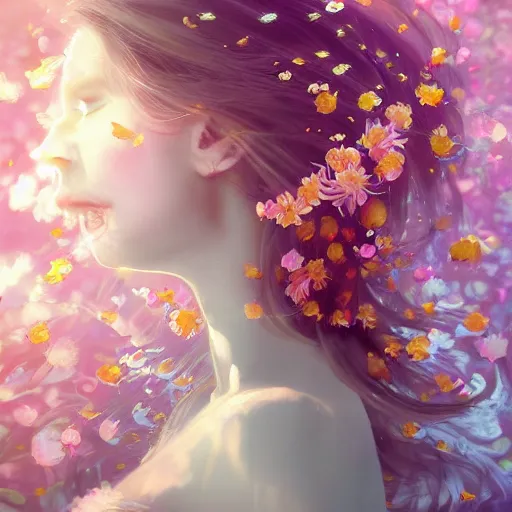 Image similar to Ginger woman in a swirling sundress of flowers, underwater, floral explosion, radiant light, vortex of plum petals, by WLOP and artgerm, artstation, deviantart