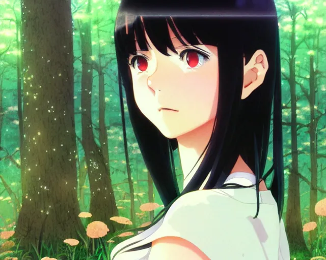 Prompt: beautiful anime girl with black hair and bangs, fine details portrait, forest background, bokeh. anime masterpiece by Studio Ghibli. illustration, sharp high-quality anime illustration in style of Ghibli, Ilya Kuvshinov, Artgerm