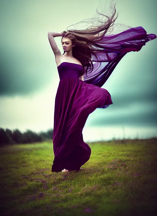 Image similar to cinestill 5 0 d portrait photo of a beautiful woman, britt marling 3 / 4, delicate, subsurface scattering, long hair floating in air in style of gilles zimmermann, 1 5 0 mm, windy mood, dress in voile, mute dramatic colours, soft blur outdoor stormy background, volumetric lighting, hyper detailed, hyper realistic