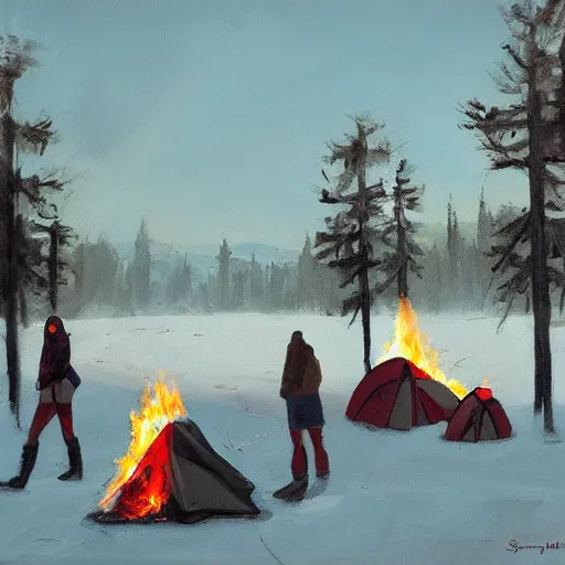 Image similar to a camp with tents on fire, burning down, shadows of 3 girls watching the camp burn, snow, painted by Sylvain Sarrailh