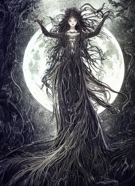 Image similar to glowing silver and golden elements, portrait, A beautiful dark witch in front of the full big moon, book cover, green forest, red white black colors, establishing shot, extremly high detail, foto realistic, cinematic lighting, pen and ink, intricate line drawings, by Yoshitaka Amano, Ruan Jia, Kentaro Miura, Artgerm, post processed, concept art, artstation, matte painting, style by eddie, raphael lacoste, alex ross