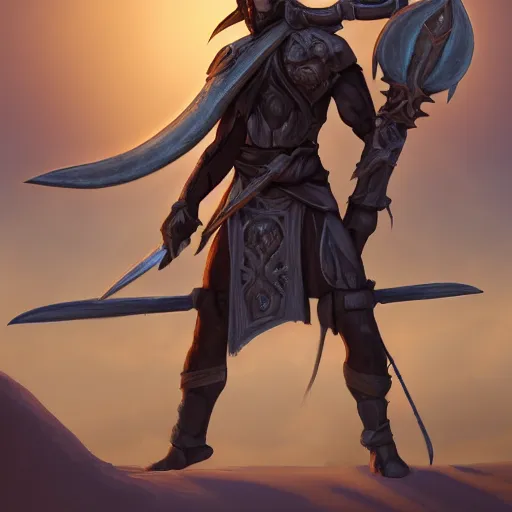 Prompt: a tiefling warrior holding two swords, standing in a desert, medium shot, fantasy, concept art, 4k