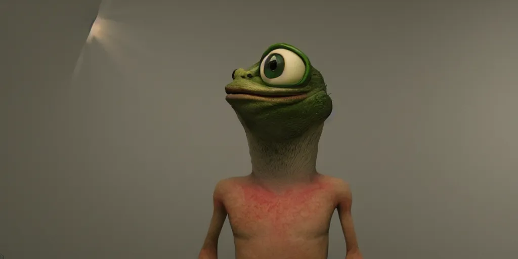 Image similar to pepe, horror, dark cinematic, volumetric, realistic, 3d render, Realistic Render, Cinematic lighting, Volumetric lighting, atmospheric, cinematic, unreal engine, unreal engine render, octane render, HD, photorealism, hyper realistic, photo, 8K, in the style of Chris Cunnigham, by Wes Anderson