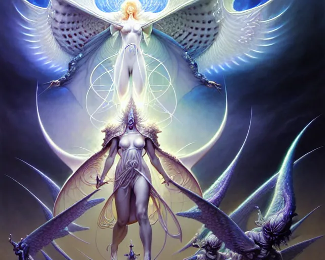 Image similar to the army of white light and angels, fantasy character portrait made of fractals facing each other, ultra realistic, wide angle, intricate details, the fifth element artifacts, highly detailed by peter mohrbacher, hajime sorayama, wayne barlowe, boris vallejo, aaron horkey, gaston bussiere, craig mullins