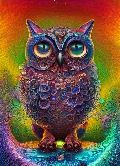 Prompt: psychedelic cat owl figure by naoto hattori, android jones and chris dyer, deep bold colors, galactic entity, depth of field, intricate beautiful painting, billions of details, octane render, trending on artstation