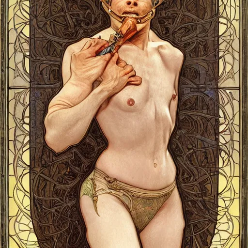 Image similar to hannibal lector, in the style of donato giancola, and in the style of vanessa lemmen, and in the style of alphonse mucha. symmetry, smooth, sharp focus, semi - realism, intricate detail.