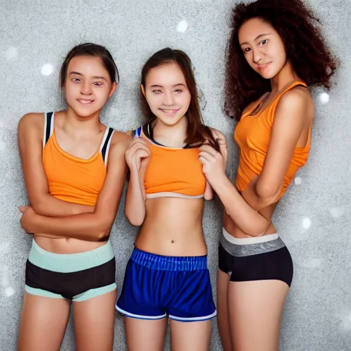 Image similar to wide shot photography of 3 teen girls wearing guys boxer shorts as well as a crop top, hd, deep focus, 4 k, photo realistic