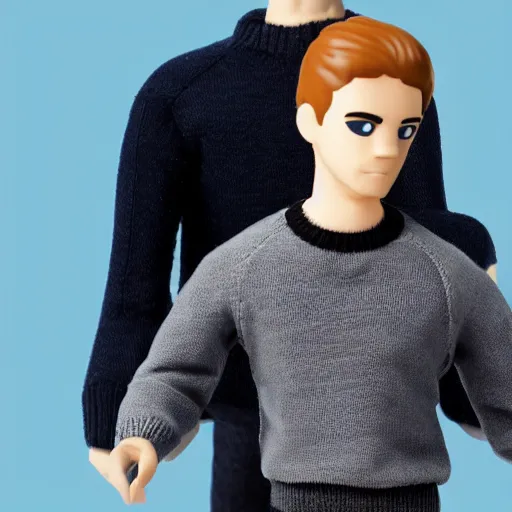 Image similar to a 21 year old skinny white programmer guy with no beard and black hair on top, short on sides, in a navy blue sweater, jeans and grey shoes funko pop close up highly detailed photo