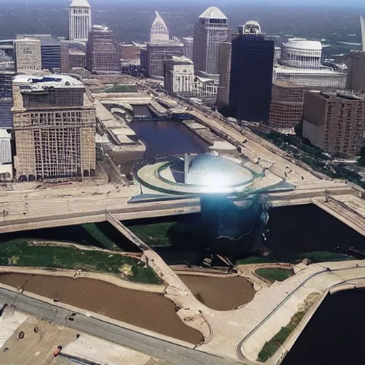 Prompt: St. Louis gateway arch being torn out of the ground by a spaceship