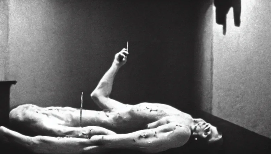 Prompt: 1 9 6 0 s movie still by tarkovsky of jean - paul marat a knife stuck in the chest in his neoclassical bath, cinestill 8 0 0 t 3 5 mm b & w, high quality, heavy grain, high detail, panoramic, cinematic composition, dramatic light, anamorphic, raphael style, piranesi style, bloody