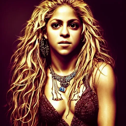 Image similar to beautiful very detailed portrait of Shakira with lots of jewelry, digital art , photos by Annie Leibovitz, moody, models by 500px, dramatic cinematic lighting rendered by octane, 8k, detailed, intricate, clean and textures, trending on artstation, deviantart google images, pinterest