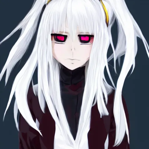 Image similar to white hair, red eyes, two small horn on the head, anime style, anime girl