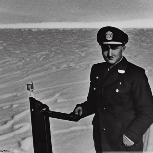 Prompt: 1937s photo ss officer with a ufo on Antarctica,