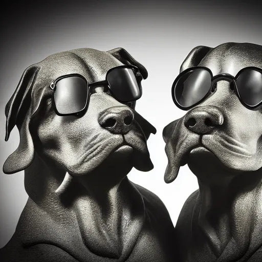 Prompt: , detailed conceptual photography statue of gangster dogs with black glasses in tombs