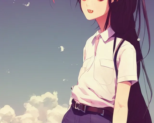 Image similar to teen looking at blue sky, wearing white shirt, cool pose, sharp details, sharp focus, detailed face, illustration, by pine ( ハイネ ) and 薯 子 imoko and 香 川 悠 作 and wlop and maya takamura, highly detailed, trending artstation, pixiv, digital art