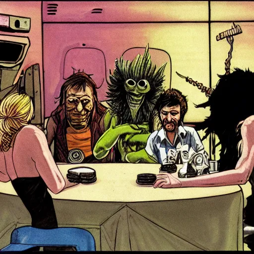 Image similar to scruffy punk starship crew sitting at table and playing strip poker, extraterrestrials, alien 1 9 7 9, ron cobb, jim henson creature shop, mike mignogna, highly detailed, comic book, science fiction, used future