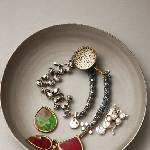Prompt: a bowl with jewellery in it