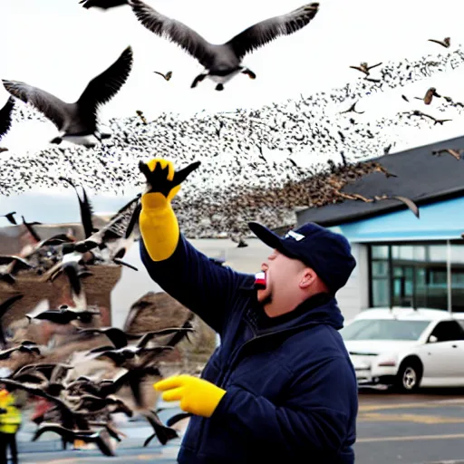 Image similar to mcdonald worker being attacked by seagulls