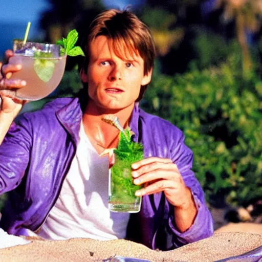 Image similar to marty mcfly drinking a mojito on the beach