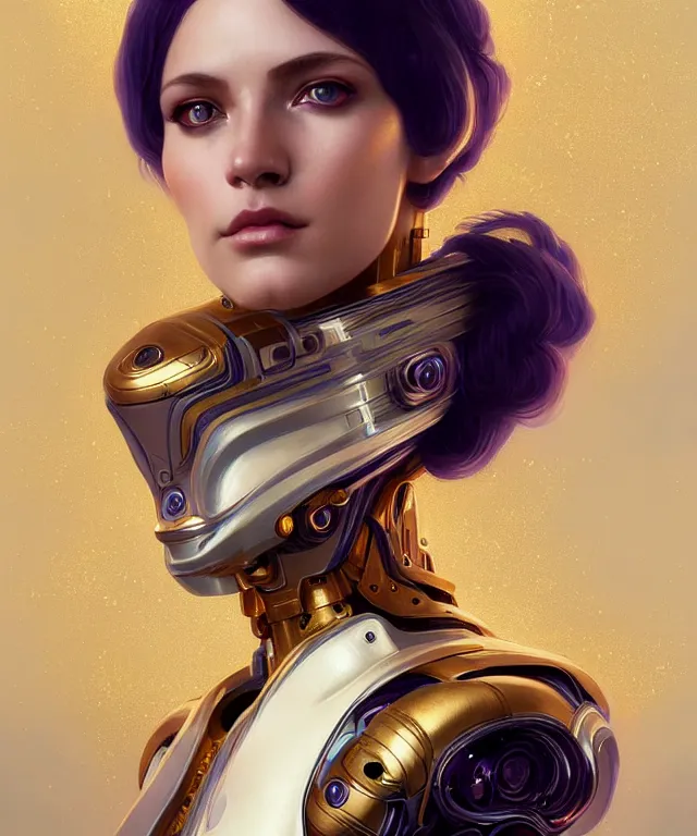 Image similar to futuristic woman android portrait, sci-fi female, azure eyes, face, short hair tomboy, cyberpunk, intricate, elegant alabaster skin, highly detailed gold filigree, digital painting, artstation, concept art, smooth, sharp focus, illustration, art by artgerm and greg rutkowski and alphonse mucha