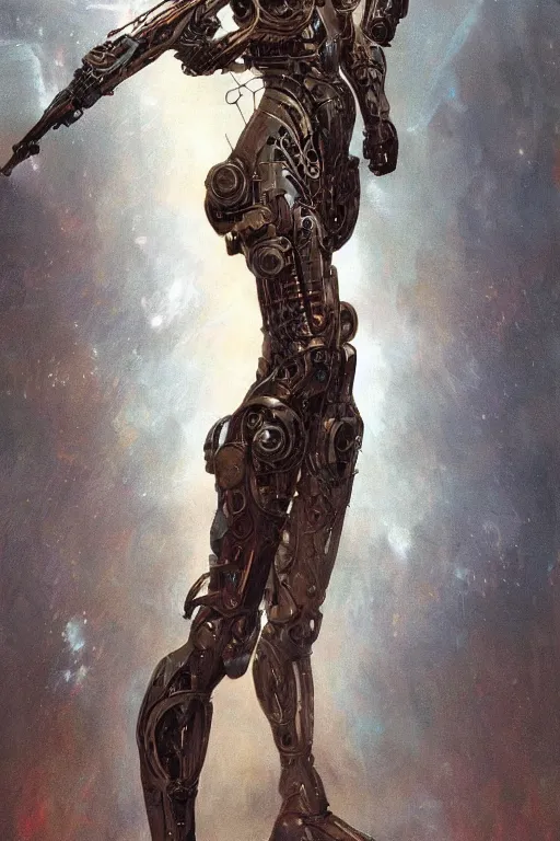 Prompt: organic cyborg holding a weapon, art deco, soft lighting, sci fi fantasy, intricate, elegant, highly detailed, lifelike, photorealistic, 2d matte illustration, artstation, illustration, concept art, smooth, sharp focus, art by John Collier and Albert Aublet and Krenz Cushart and Artem Demura and Alphonse Mucha