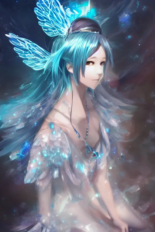 Prompt: anime young girl in school uniform with intricate ice blue crystal fractal wings sitting on an ice throne, wlop, concept art, digital painting, trending on artstation, highly detailed, epic composition, 8 k uhd