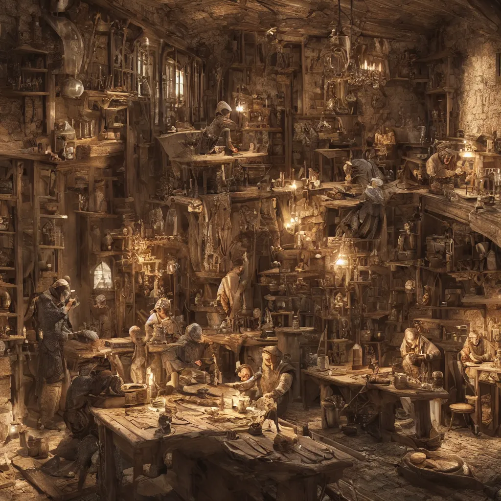 Prompt: a small group of three medieval craftsmen working inside a tiny medieval building, hypermaximalistic, high details, cinematic, 8k resolution, beautiful detailed, insanely intricate details, artstation trending, octane render, unreal engine