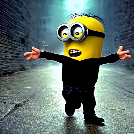 Image similar to a minion in the matrix, bullet time, still from movie