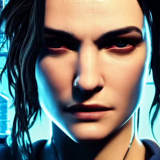 Prompt: rachel weisz portrait, Cyberpunk 2077, cyberpsycho, photorealistic, ultra detailed, neon, octane, bokeh, cyber, cyberpunk city, feature, scars, cyberface, 8k