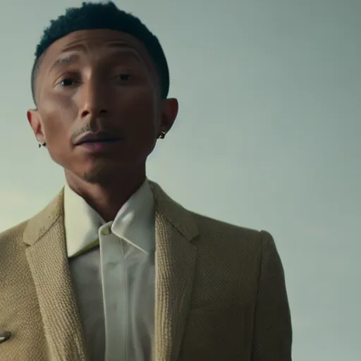 Image similar to cinematic film still of Pharrell Williams Making A Beat with an anthropomorphic alien, Japanese VFX, 2018, 400mm lens, f1.8, shallow depth of field,film photography