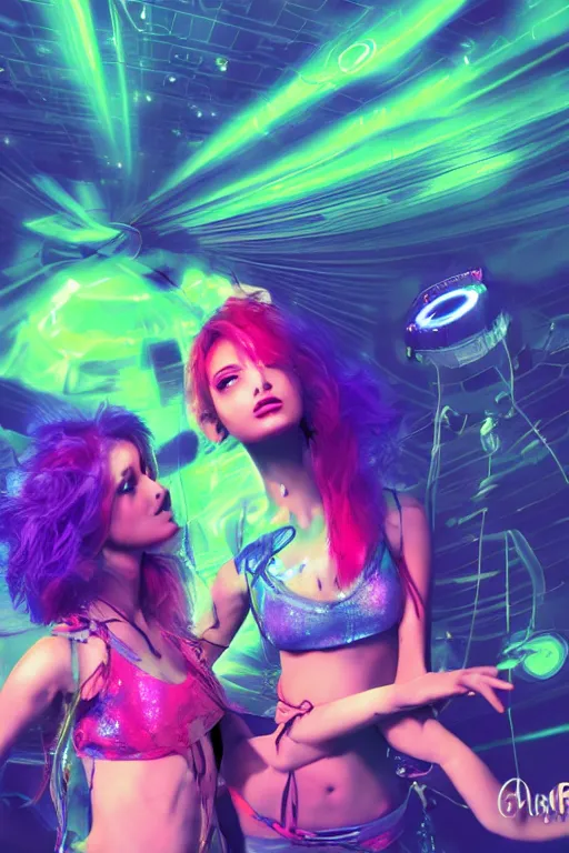 Image similar to Rave girls at a dance club on the moon, glowsticks, neon hair, midriff, astronaut dj, dramatic lighting, cinematic, establishing shot, extremely high detail, foto realistic, cinematic lighting, post processed, concept art, high details, cinematic, 8k resolution, beautiful detailed, photorealistic, digital painting, artstation, concept art, smooth, sharp focus, artstation trending, octane render, unreal engine