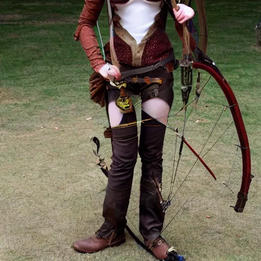 Image similar to full body photo of emma stone as a steampunk archer