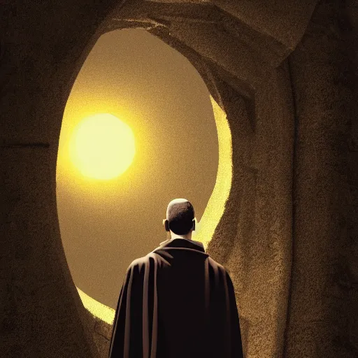 Image similar to Digital portrait of a terrified catholic priest in his thirties kneeled in fervent prayer at the top of a medieval tower. Looking up with eyes wide open with fear looking straight at the viewer. Dressed in white. An ominous yellow shadow is descending upon him from the night sky. Award-winning digital art, trending on ArtStation