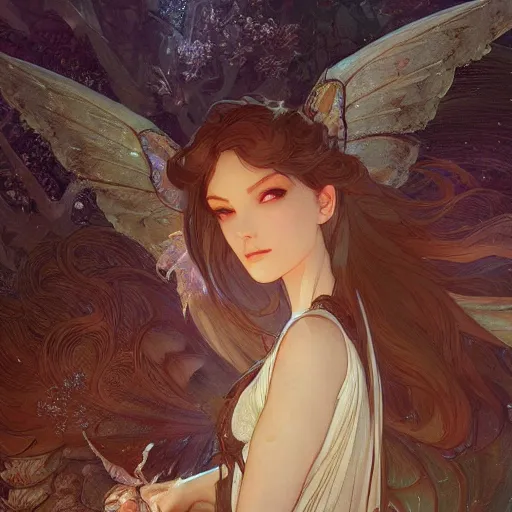 Image similar to beautiful angelic winged seductive fairy, D&D, fantasy, intricate, cinematic lighting, highly detailed, digital painting, artstation, smooth, sharp focus, illustration, art by Akihiko Yoshida, Greg Rutkowski and Alphonse Mucha, by Pixar