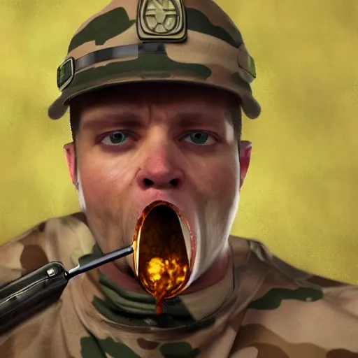 Prompt: a soldier eating an uranium fuel rod, photorealistic, 4k,