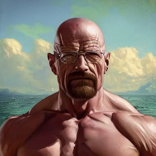 Image similar to “the ultimate gigachad, incredibly muscular walter white, walter white with chiseled jawline, trending on /r/moreplatesmoredates, oil on canvas artstation by J. C. Leyendecker and Edmund Blair Leighton and Charlie Bowater octane render”