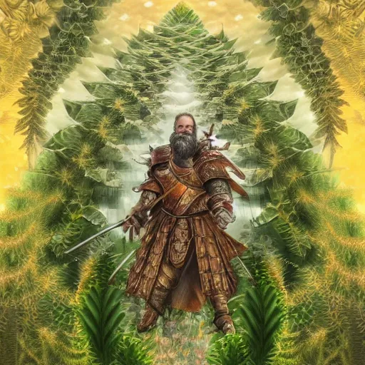 Image similar to a male knight with beard, stern face, clear eyes, shining armour made of steel, and fractal hair, fighting the darkness in a fractal garden, glowing delicate flower, berries and ferns that grow in a dark flowering fantasy forest, full frame,