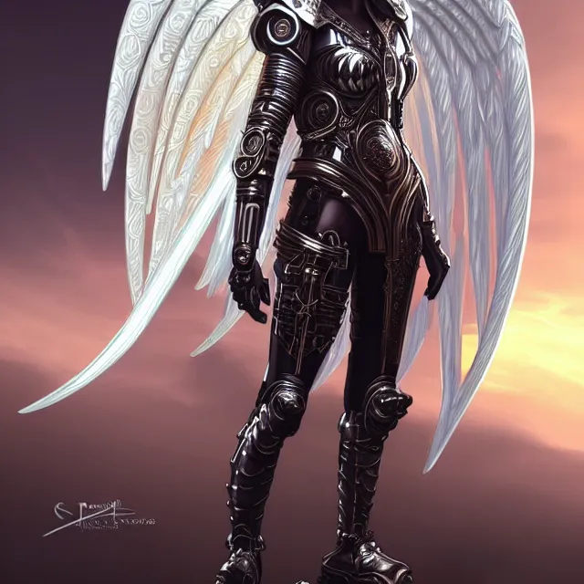 Image similar to beautiful!! futuristic cyberpunk angel warrior with ornate slick pearl armor and robes artgerm anne stokes highly detailed 8 k hdr smooth sharp focus high resolution award - winning photo photorealistic