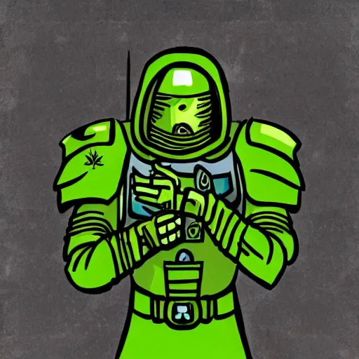 Prompt: a space marine in green armor with cannabis leafs as insignia, comic style