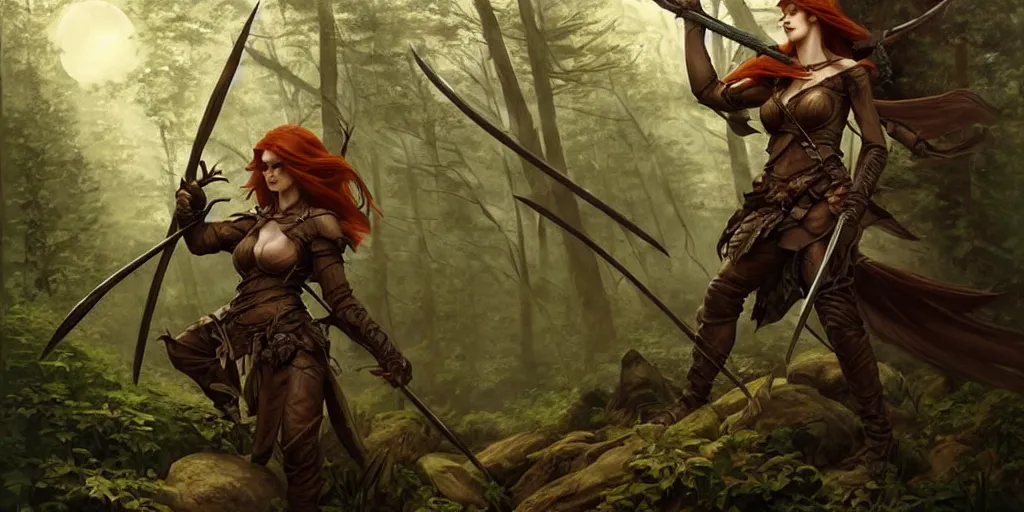 Image similar to wood elf ranger with eye patch with long auburn hair wearing dark brown leather armor using a glaive to battle a stone troll in an ancient, mysterious forest at dusk, fantasy, intricate, elegant, highly detailed, digital painting, artstation, concept art, matte, sharp focus, illustration, art by roberto ferri and greg rutkowski and alphonse mucha