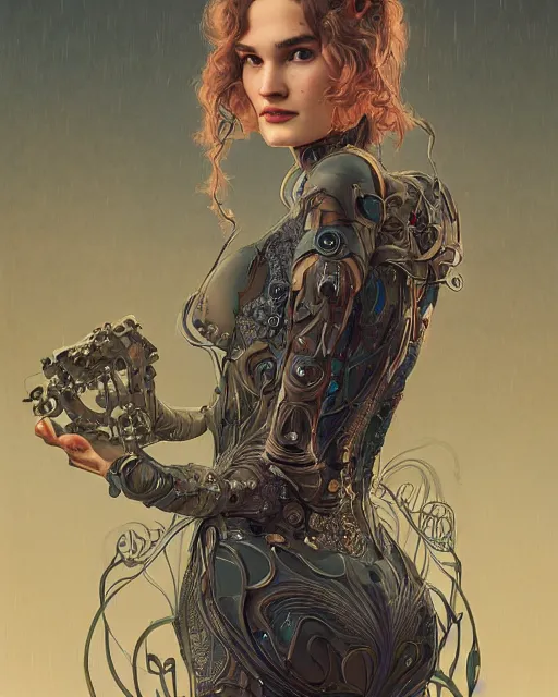 Prompt: art nouveau style full body portrait photo of young lily james as a sad intricate detailed cyborg girl by pixar, by weta, wlop, ilya kuvshinov, rossdraws, artgerm, latex, iridescent, bright morning, anime, liosh, donato giancola, mucha