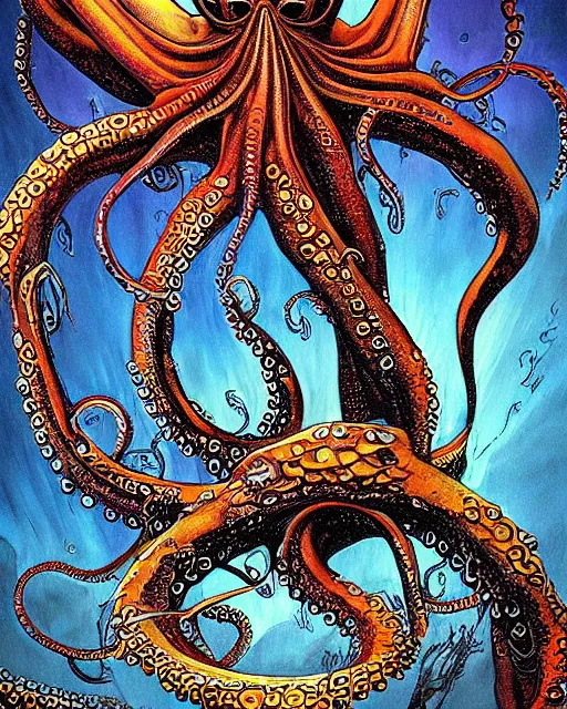 Image similar to a painting of an octopus attacking a giant squid, a fine art painting by gary freeman and by tim white and by philippe druillet, artstation, fantasy art, lovecraftian, bioluminescence, cosmic horror