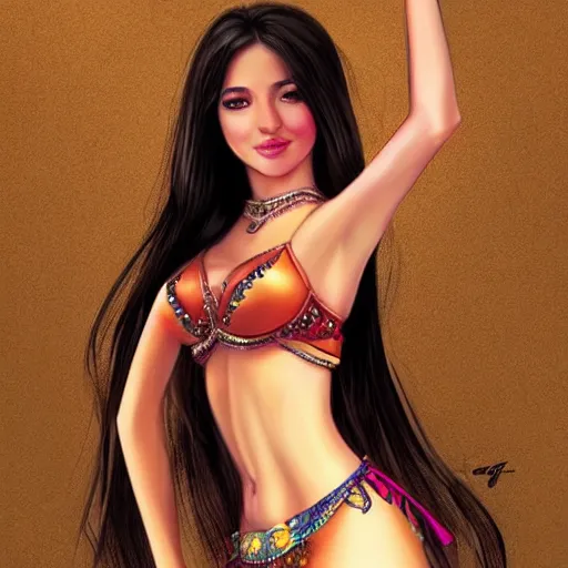 Image similar to very beautiful female belly dancer, smiling, flirty, eye contact, perfect face, perfect body, drawn by artgerm