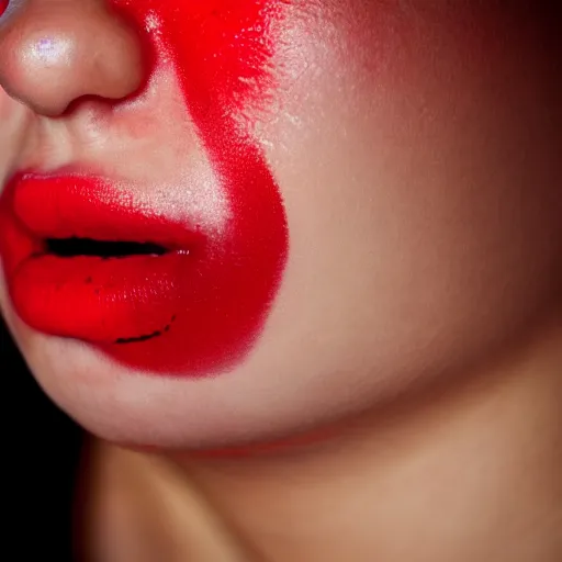 Prompt: Close-up photo of a red lollipop on a woman's open lips, rule of thirds, depth of field, realistic, dimly lit background