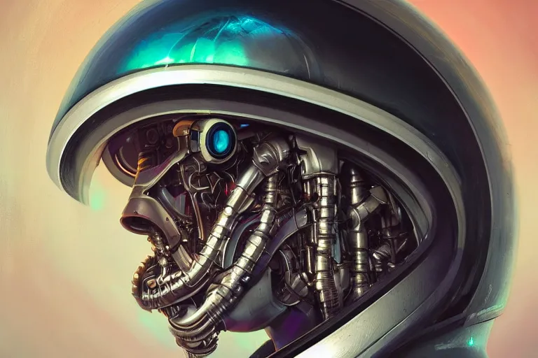 Prompt: portrait of a biomechanical head inside a futuristic space helmet, vintage, neon, white metal, iridescent visor, smooth, sharp focus, high detail, deviantart, artstation, art by Greg Rutkowski,